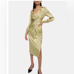 Theory Soft Satin Twist Front Midi Dress in Pale Lime, Size 8